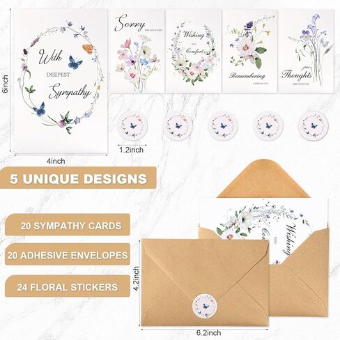C2U Sympathy Cards with Envelopes – 20 Pack Condolence & Thinking of You Cards with Stickers – Elegant Floral Designs & Heartfelt Messages in Saudi Arabia