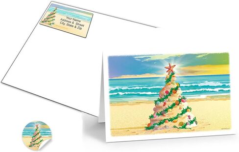 Stonehouse Collection | Beach Christmas Tree | Beach Theme Christmas Card 18 Cards & Envelopes | Sunset, Ocean, Shells - USA Made in Saudi Arabia