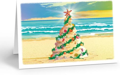 Stonehouse Collection | Beach Christmas Tree | Beach Theme Christmas Card 18 Cards & Envelopes | Sunset, Ocean, Shells - USA Made in Saudi Arabia