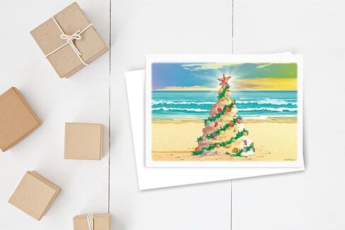 Stonehouse Collection | Beach Christmas Tree | Beach Theme Christmas Card 18 Cards & Envelopes | Sunset, Ocean, Shells - USA Made in Saudi Arabia