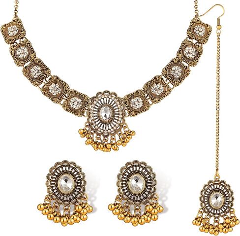 QUELAY 3 Pcs Indian Jewelry Set for Women Indian Traditional Statement Choker Necklace Earrings Forehead Jewelry Gifts Rhinestone Maang Tikka Bridal Jewelry Set in Kuwait