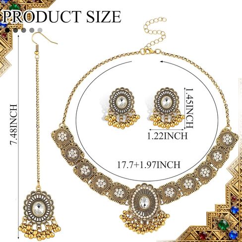 QUELAY 3 Pcs Indian Jewelry Set for Women Indian Traditional Statement Choker Necklace Earrings Forehead Jewelry Gifts Rhinestone Maang Tikka Bridal Jewelry Set in Kuwait