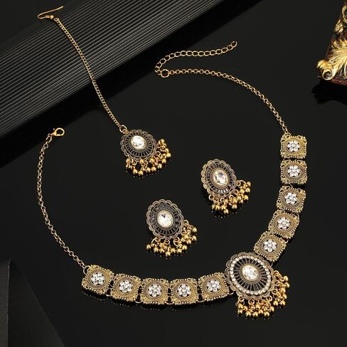 QUELAY 3 Pcs Indian Jewelry Set for Women Indian Traditional Statement Choker Necklace Earrings Forehead Jewelry Gifts Rhinestone Maang Tikka Bridal Jewelry Set in Kuwait