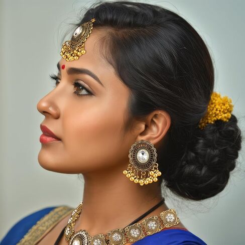 QUELAY 3 Pcs Indian Jewelry Set for Women Indian Traditional Statement Choker Necklace Earrings Forehead Jewelry Gifts Rhinestone Maang Tikka Bridal Jewelry Set in Kuwait