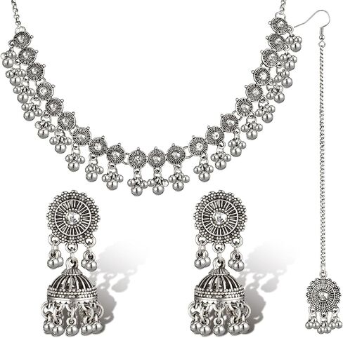 QUELAY 3 Pcs Indian Jewelry Set for Women Indian Traditional Statement Choker Necklace Earrings Forehead Jewelry Gifts Rhinestone Maang Tikka Bridal Jewelry Set in Kuwait
