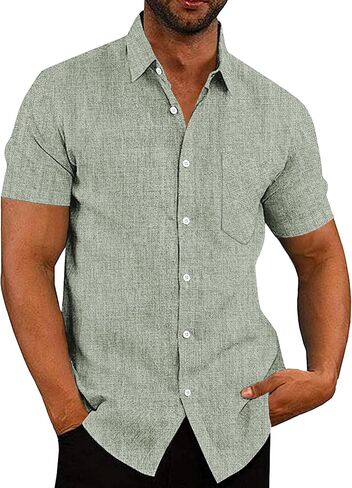 COOFANDY Men's Short Sleeve Button Down Casual Linen Shirts Summer Beach Shirt Vacation Wedding Shirts with Pocket in Saudi Arabia