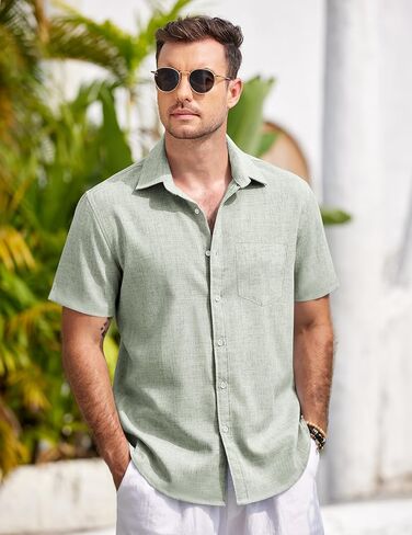 COOFANDY Men's Short Sleeve Button Down Casual Linen Shirts Summer Beach Shirt Vacation Wedding Shirts with Pocket in Saudi Arabia