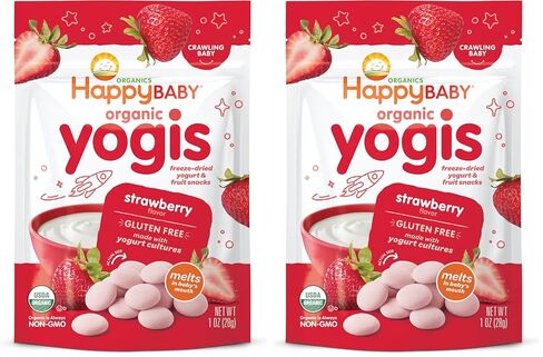 Happy Baby Organics Baby Snacks, Yogis, Freeze Dried Yogurt & Fruit Snacks, Gluten Free Snack for Babies 9+ Months, Strawberry, 1 Ounce in Saudi Arabia