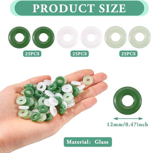 75Pcs Donut Glass Beads 12mm Green Ring Jade Beads Circle Donut Jade Charms Disc Coin Large Hole Bead for Women Men Amulet Bracelet Necklace Earring Jewelry Making in Saudi Arabia