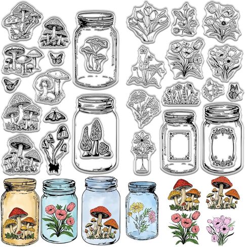 Mushroom Clear Stamps Wedding Reusable Vintage Glass Bottle Flower Leaves Floral Background Rubber Stamp 2 Sheets Decorative Seals DIY Scrapbooking Journal Card Making Photo Album Decor in Saudi Arabia