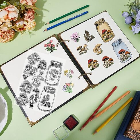 Mushroom Clear Stamps Wedding Reusable Vintage Glass Bottle Flower Leaves Floral Background Rubber Stamp 2 Sheets Decorative Seals DIY Scrapbooking Journal Card Making Photo Album Decor in Saudi Arabia