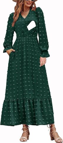 Women Nursing Boho Maxi Dress 2024 V Neck Swiss Dot Smocked High Waisted A-Line Ruffle Tiered Long Dress with Pockets in Kuwait