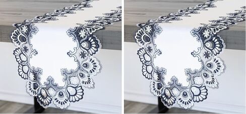 Linens, Art and Things White Navy Blue Jacquard Peacock Tail Lace Dresser Scarf Table Runner Coffee Table Runner (16Wx35L) in Kuwait