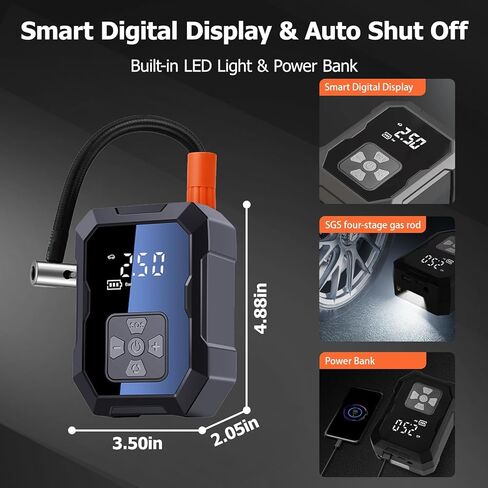 Wzxlj. منفاخ إطارات Y، ضاغط هواء محمول 12 فولت - نفخ سريع، مضخة هواء لاسلكية 150 رطل لكل بوصة مربعة مع ضوء LED، منفاخ إطارات كهربائي لبنك الطاقة للدراجات والدراجات النارية والكرة والمواد القابلة للنفخ in Kuwait