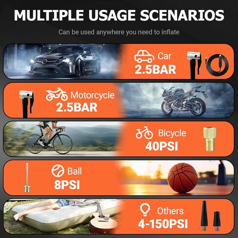 Wzxlj. منفاخ إطارات Y، ضاغط هواء محمول 12 فولت - نفخ سريع، مضخة هواء لاسلكية 150 رطل لكل بوصة مربعة مع ضوء LED، منفاخ إطارات كهربائي لبنك الطاقة للدراجات والدراجات النارية والكرة والمواد القابلة للنفخ in Kuwait