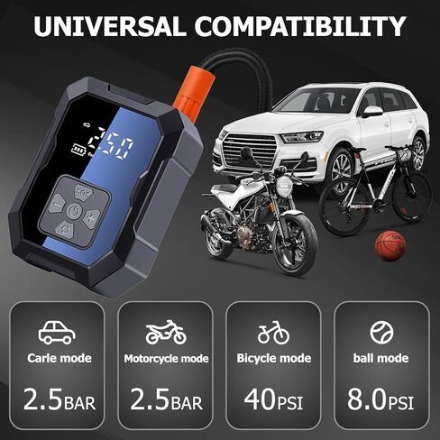 Wzxlj. منفاخ إطارات Y، ضاغط هواء محمول 12 فولت - نفخ سريع، مضخة هواء لاسلكية 150 رطل لكل بوصة مربعة مع ضوء LED، منفاخ إطارات كهربائي لبنك الطاقة للدراجات والدراجات النارية والكرة والمواد القابلة للنفخ in Kuwait