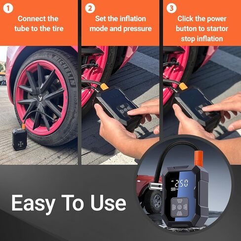 Wzxlj. منفاخ إطارات Y، ضاغط هواء محمول 12 فولت - نفخ سريع، مضخة هواء لاسلكية 150 رطل لكل بوصة مربعة مع ضوء LED، منفاخ إطارات كهربائي لبنك الطاقة للدراجات والدراجات النارية والكرة والمواد القابلة للنفخ in Kuwait