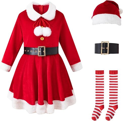 Okbebe Girls Santa Dress Up Christmas Kids Mrs Claus Dress Xmas Party Outfit with Hat Belt Socks in Saudi Arabia