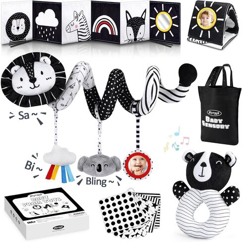 Joyreal High Contrast Baby Toys for Newborn, Black and White Baby Sensory Toys with Car Seat Toys,Infant Toys with Black White Cards Book, Montessori Toys for Baby Gifts in Kuwait