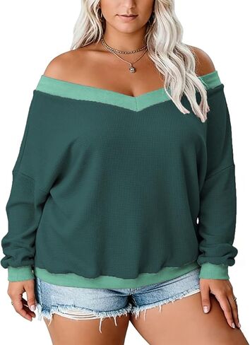 Plus-Size-Sweaters for Women Long Sleeve Waffle Knit V Neck Pullover Tops 1X-5X in Kuwait