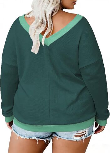 Plus-Size-Sweaters for Women Long Sleeve Waffle Knit V Neck Pullover Tops 1X-5X in Kuwait