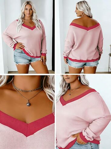 Plus-Size-Sweaters for Women Long Sleeve Waffle Knit V Neck Pullover Tops 1X-5X in Kuwait