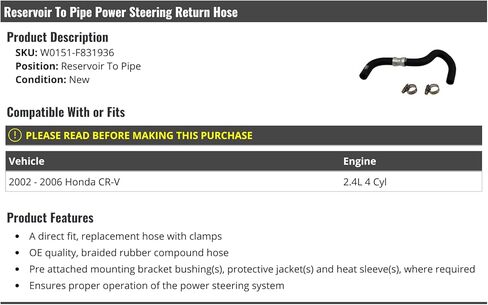 Power Steering Return Hose - Reservoir To Line Compatible with 2002-2006 Honda CR-V 2.4L 4-Cylinder in Saudi Arabia
