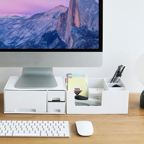 NOLITOY Computer Monitor Elevated Shelf with Drawer Desk Riser Desktop Storage Organizer for Office and Students Multi-compartment Plastic Storage Case for Stationery Cosmetics and in Saudi Arabia