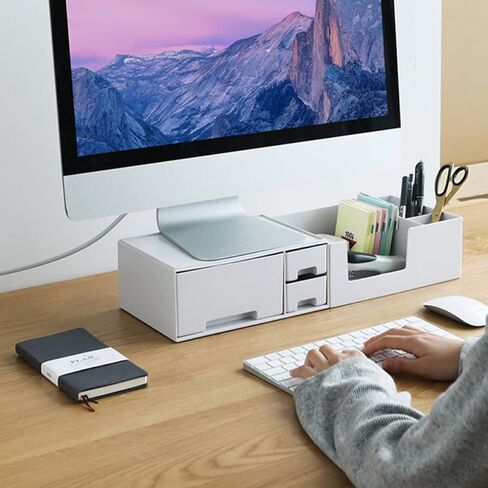 NOLITOY Computer Monitor Elevated Shelf with Drawer Desk Riser Desktop Storage Organizer for Office and Students Multi-compartment Plastic Storage Case for Stationery Cosmetics and in Saudi Arabia