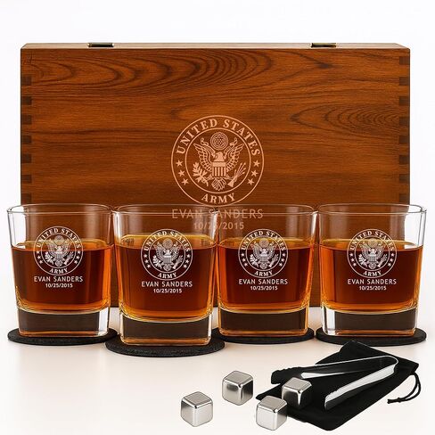 Personalized Military Scotch Glass Set of 4 with Optional Engraved Wooden Box - Custom Etched Glasses for Army, Navy, Air Force, Coast Guard - Active Duty & Veterans in Saudi Arabia