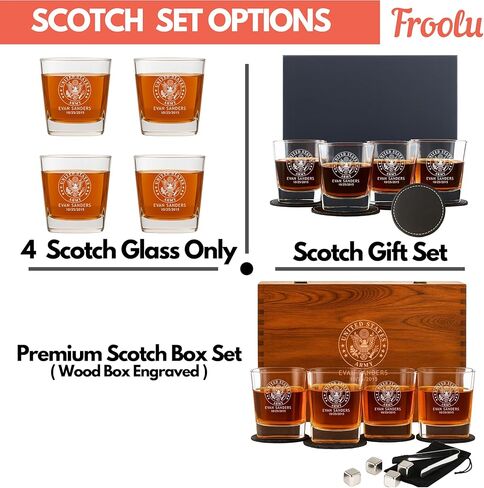Personalized Military Scotch Glass Set of 4 with Optional Engraved Wooden Box - Custom Etched Glasses for Army, Navy, Air Force, Coast Guard - Active Duty & Veterans in Saudi Arabia
