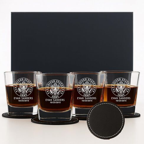 Personalized Military Scotch Glass Set of 4 with Optional Engraved Wooden Box - Custom Etched Glasses for Army, Navy, Air Force, Coast Guard - Active Duty & Veterans in Saudi Arabia