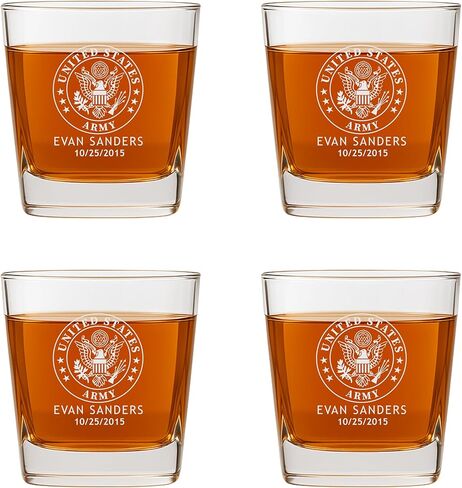 Personalized Military Scotch Glass Set of 4 with Optional Engraved Wooden Box - Custom Etched Glasses for Army, Navy, Air Force, Coast Guard - Active Duty & Veterans in Saudi Arabia