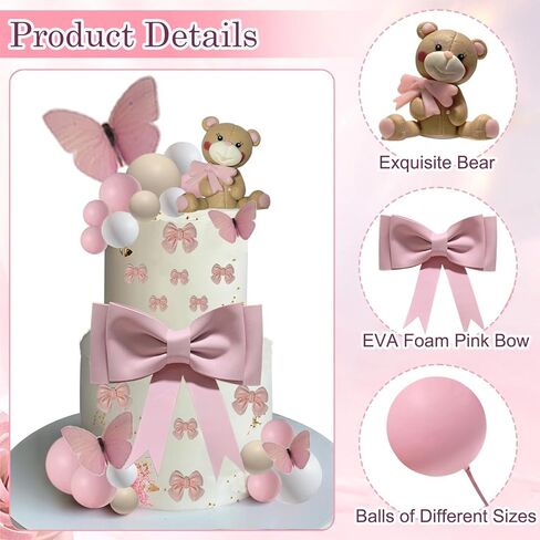 42 قطع الوردي القوس الدب كعكة القبعات العالية فراشة كرات كعكة الزينة Bowknot كب كيك القبعات العالية للفتيات عيد ميلاد الطفل دش حزب اللوازم in Kuwait