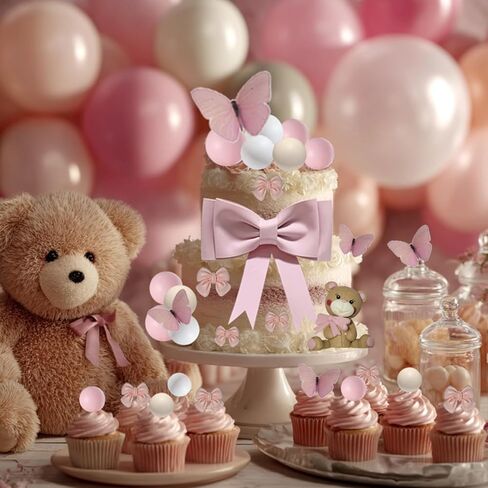 42 قطع الوردي القوس الدب كعكة القبعات العالية فراشة كرات كعكة الزينة Bowknot كب كيك القبعات العالية للفتيات عيد ميلاد الطفل دش حزب اللوازم in Kuwait
