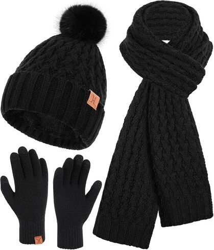Womens Winter Beanie Hat Touchscreen Gloves Long Neck Scarf Set Warm Knit Caps with Pom Fleece Gifts for Women in Kuwait