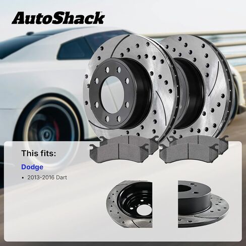 AutoShack 10.39" (263.9 mm) Rear Solid Drilled & Slotted Brake Rotors E-Coated + Ceramic Brake Pads Replacement for 2013-2016 Dodge Dart 6-PC Brake Kit ShadowGuard in Saudi Arabia