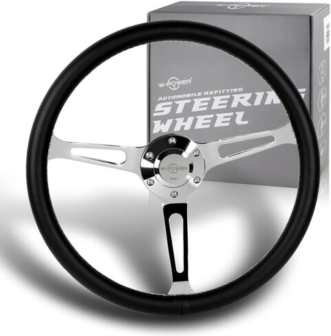 STAY-TUNED W-Power Universal 380 مم (15 بوصة) 6 براغي، 3 أذرع، عجلة قيادة من الألومنيوم مع زر بوق السيارة، أجزاء بديلة داخلية (عجلة خياطة بيضاء من الجلد الأسود/مكبرات صوت من الكروم) in Kuwait