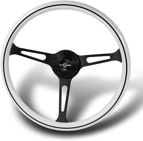 STAY-TUNED W-Power Universal 380 مم (15 بوصة) 6 براغي، 3 أذرع، عجلة قيادة من الألومنيوم مع زر بوق السيارة، أجزاء بديلة داخلية (عجلة خياطة بيضاء من الجلد الأسود/مكبرات صوت من الكروم) in Kuwait