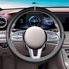 Black Gray Car Steering Wheel Cover, Nappa Leather, Bottom Color Blocking, Universal 14.5-15 Inch Leather Anti-Slip Breathable Auto Steering Wheel Covers for Men Women in Saudi Arabia