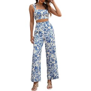 Floerns Women's 2 Piece Boho Floral Print Knot Shoulder Zip Back Crop Cami Top and Maxi Pants Set Orange Multi Large in Kuwait