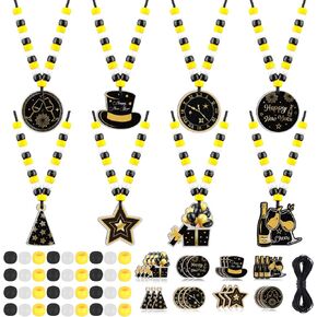 24 Sets 2026 New Years Necklace Decorations DIY Beads Necklace Craft Kits New Year Charms for Jewelry Making Black White Yellow Beaded Bulk HAPPY NEW YEAR Accessories New Years Eve Party Favors in Kuwait