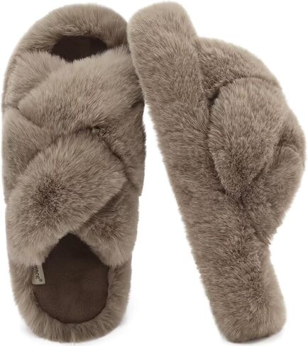 COFACE Women's Fluff Slippers Open Toe Fuzzy Faux Fur Slide Slippers Ladies Comfort House Slippers Fashion Furry Slip On Platform Slippers with Arch Support Indoor Outdoor Sole in Saudi Arabia