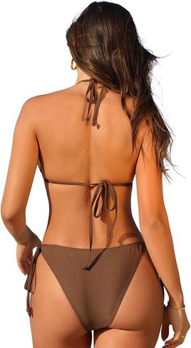 ZAFUL Women's Triangle Bikini Lace Frilled Ruffles Gingham Print Tie Side Spaghetti Strap 2 Pieces Bikini Swimsuit in Kuwait