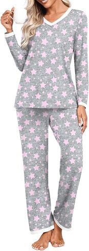 BISHUIGE Womens Casual Contrasting Colors Pajamas Set With Pockets Long Sleeve V Neck Tops For Soft And Comfortable Pants Set in Kuwait