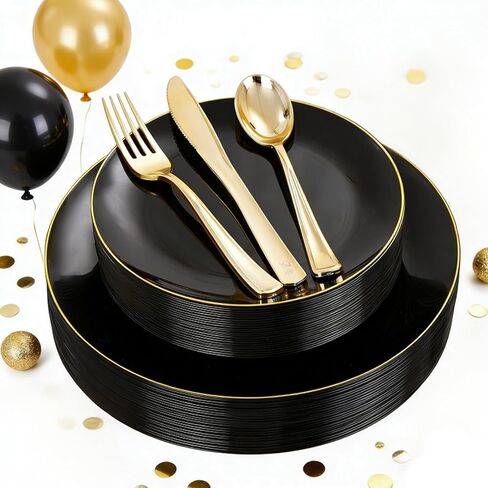 YOUBET 125PCS Blue Plastic Plates - Gold Plastic Silverware - Navy Disposable Plates With Gold Rim Include 25 Green Dinner Plates, 25 Dessert Plates, 75 Gold Cutlery for Party & Wedding in Kuwait