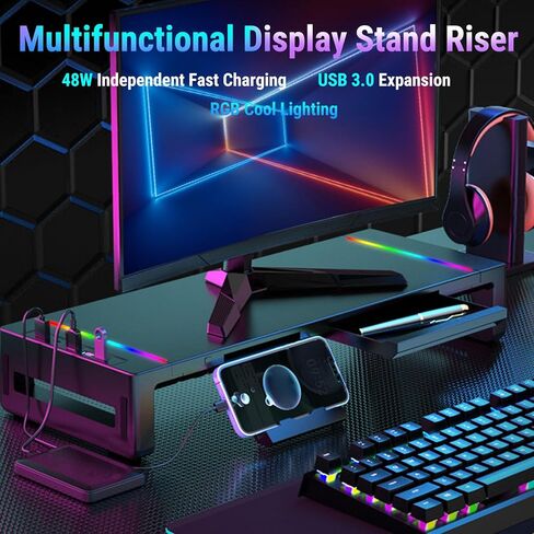 Bewinner Computer Monitor Stand for Desk, Adjustable Foldable Computer Display Riser with Phone Holder 4 USB Ports, Desk Monitor Stands for PC, Laptop in Saudi Arabia