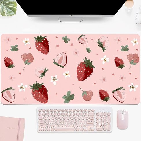 Idocolors Strawberry Pink Desk Mat, Cute Extended Gaming Keyboard Mouse Pad, Large Office Desk Cover Mat Pad Deskmat, Non-Slip Leather Home Office Desk Mat Protector 31.5"×15.7" in Saudi Arabia