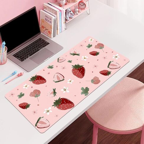 Idocolors Strawberry Pink Desk Mat, Cute Extended Gaming Keyboard Mouse Pad, Large Office Desk Cover Mat Pad Deskmat, Non-Slip Leather Home Office Desk Mat Protector 31.5"×15.7" in Saudi Arabia