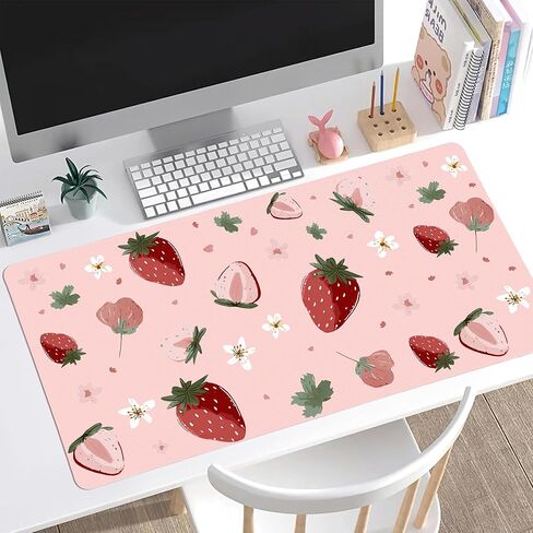 Idocolors Strawberry Pink Desk Mat, Cute Extended Gaming Keyboard Mouse Pad, Large Office Desk Cover Mat Pad Deskmat, Non-Slip Leather Home Office Desk Mat Protector 31.5"×15.7" in Saudi Arabia
